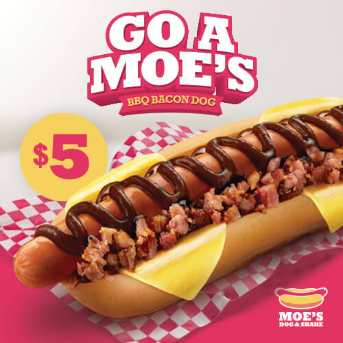 Moes BBQ Bacon Dog $5, in-store or in the OTR App